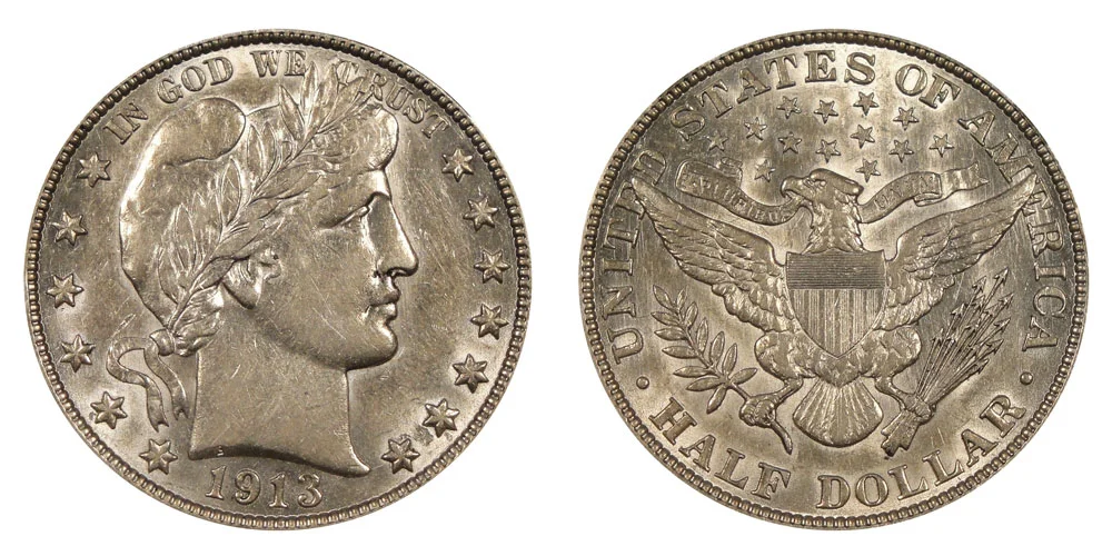 1913 Barber Half Dollar obverse and reverse showing Liberty head design and eagle