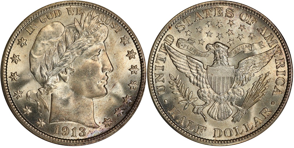 1913-P Barber half dollar reverse close-up showing no mint mark below eagle tail feathers