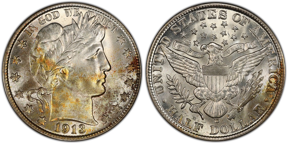 1913-D Barber half dollar showing D mint mark and strong Mint State luster with close-up of mint mark area