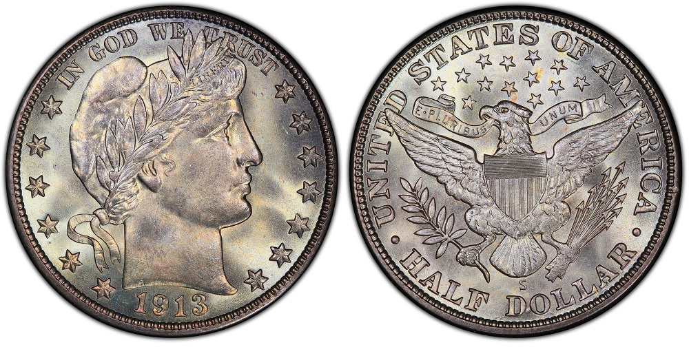 1913-S Barber half dollar showing S mint mark and typical strike softness on Liberty's facial features