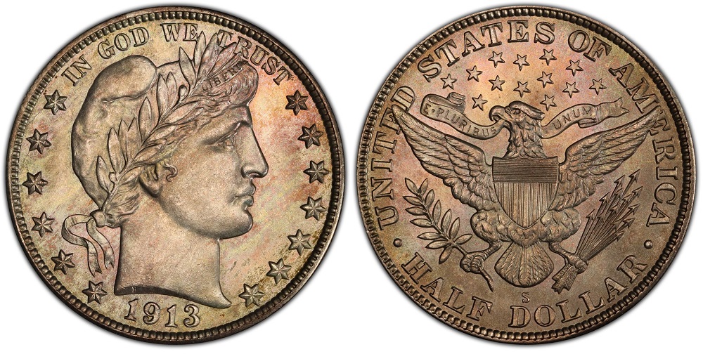 Group photograph of all three 1913 Barber half dollar varieties — Philadelphia, Denver, and San Francisco — displayed together for comparison