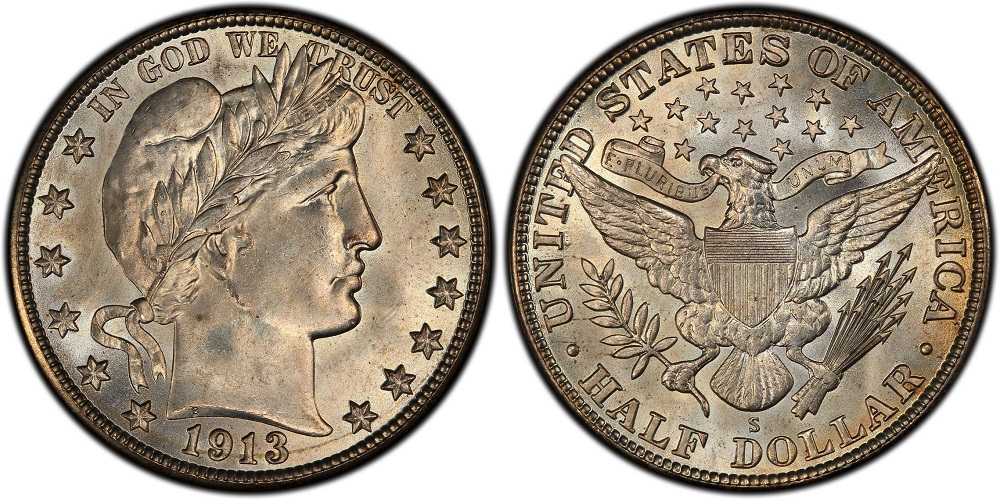 1913 Barber half dollar grading strip showing four condition tiers from Good through Mint State side by side